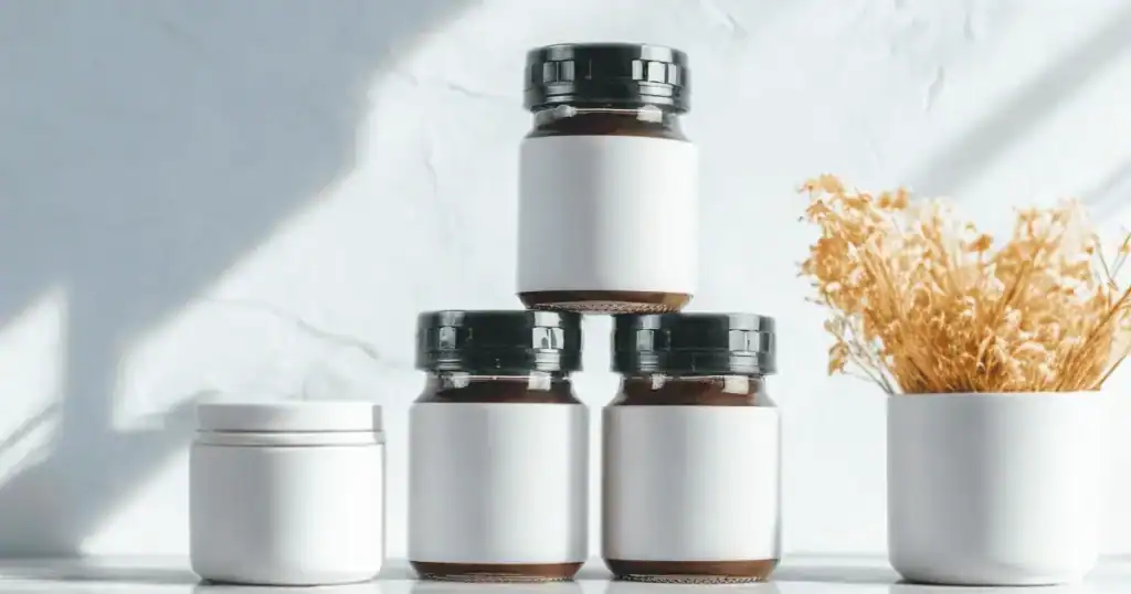 Three brown glass jars with blank white labels are stacked together next to a small white jar—perfect for storing your favorite fat loss supplements—and a white pot containing dried flowers, all set against a light background with soft shadows.