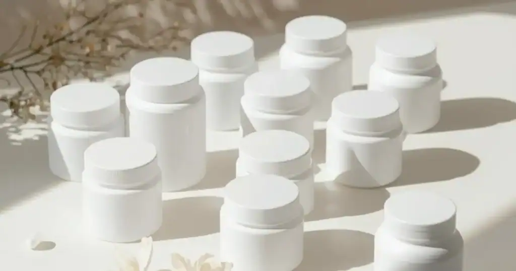 Several white, unlabelled plastic jars and bottles of various sizes are arranged on a sunlit surface, casting soft shadows. Dried flowers are visible in the background, creating a serene setting for these potential supplements to lower blood sugar.