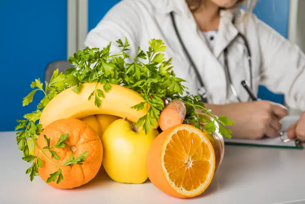 A doctor sits at a desk with a stethoscope, writing on a clipboard. In the foreground, fresh fruits—including oranges, a banana, and an apple—are arranged with parsley.