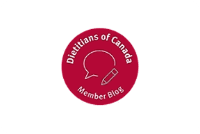 Red circular badge with a speech bubble and pencil icon. Text reads “Dietitians of Canada Member Blog” in white around the icon. White background with rounded corners.