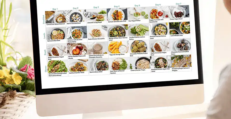 A computer screen displays a colorful weekly meal planner grid with photos of various dishes for each day, organized under “Day 1” to “Day 7” columns, in a bright home setting.