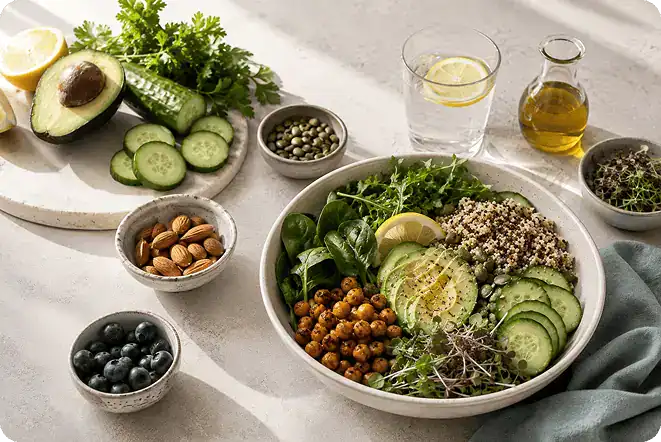 Colourful healthy food on table with green flowers and coffee