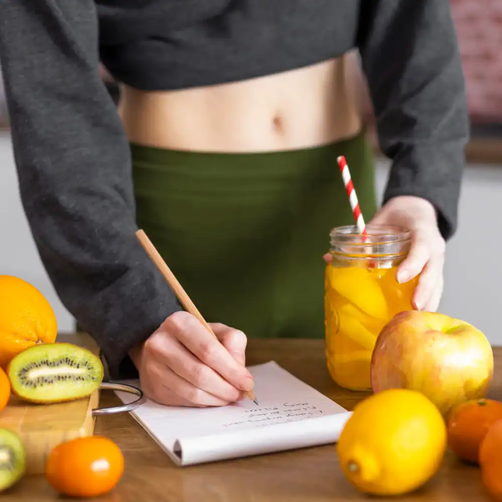 A person writes on a notepad next to a jar of fruit-infused water, surrounded by fresh fruits like kiwi, apple, orange, and lemon on a wooden table.