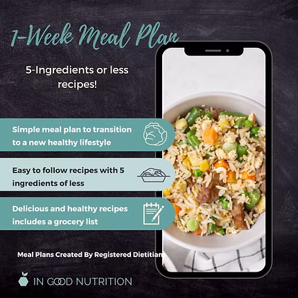 Graphic for a 1-week meal plan with 5-ingredient recipes, featuring a phone with a bowl of fried rice and bullet points about simplicity, grocery list, and healthy eating.