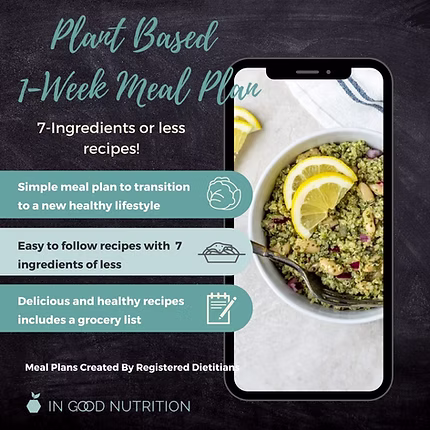 A phone displays a bowl of quinoa salad with lemon slices. Text highlights a plant-based 1-week meal plan with 7-ingredient recipes, easy instructions, and a grocery list. Background is dark with green and white text.