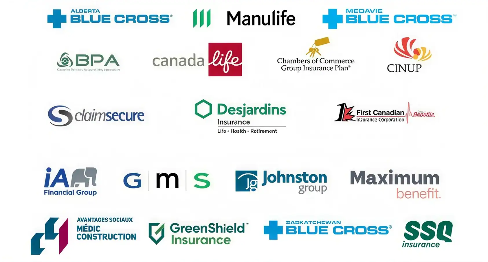 A collection of Canadian insurance company logos, including Blue Cross, Manulife, Canada Life, Desjardins, GreenShield, Medavie, and others, displayed in a simple grid on a white background.