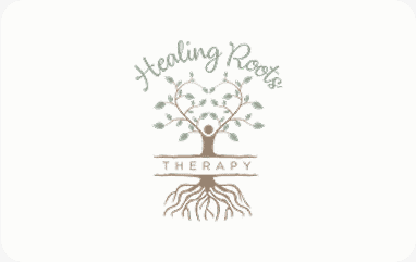 Logo for Healing Roots Therapy, showing a tree with leafy branches and visible roots. The word “Therapy” is written across the trunk, with “Healing Roots” above in script. The colors are earthy tones.