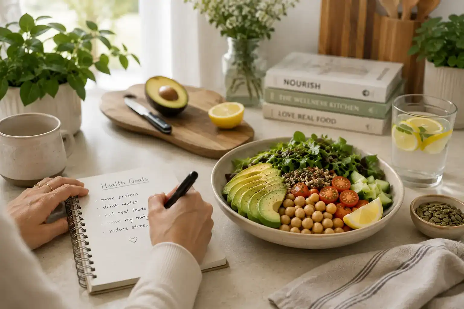 A person writes health goals in a notebook next to a bowl of salad with avocado, chickpeas, and greens, a glass of lemon water, an avocado half, books, and plants on a well-lit kitchen table.